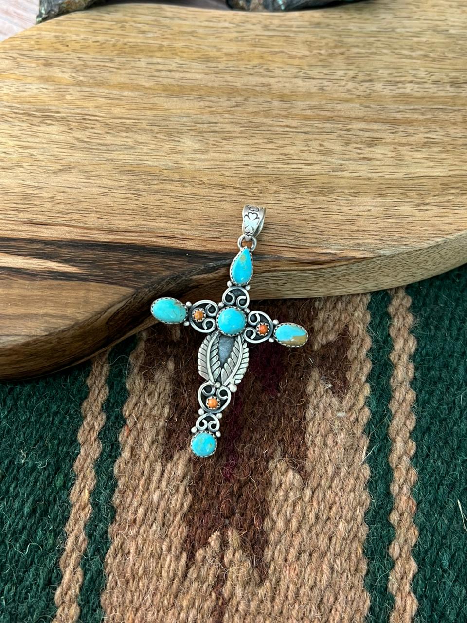 Handmade Sterling Silver Orange Mojave with Kingman Turquoise Cross Pendant "Signed Nizhoni"