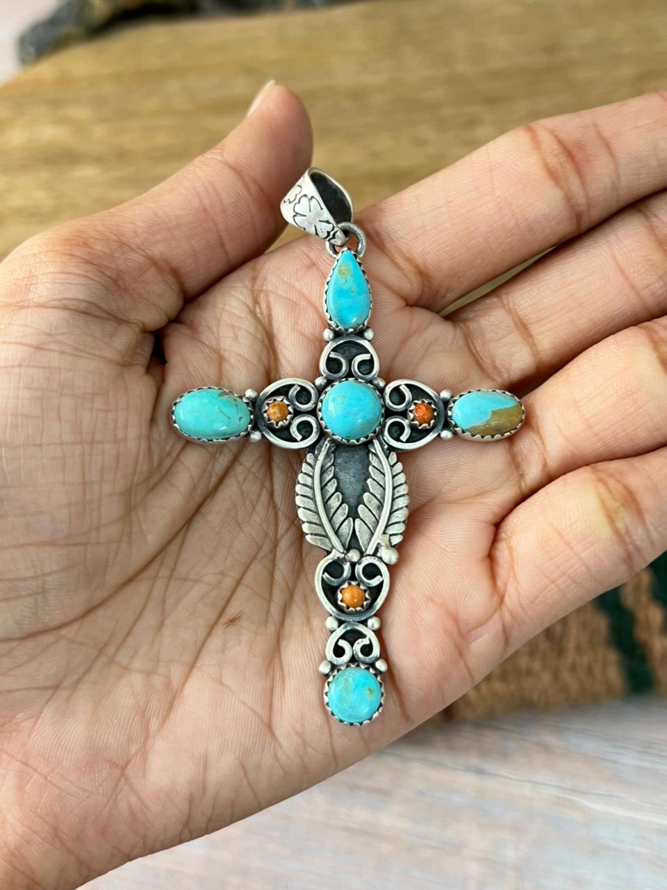 Handmade Sterling Silver Orange Mojave with Kingman Turquoise Cross Pendant "Signed Nizhoni"