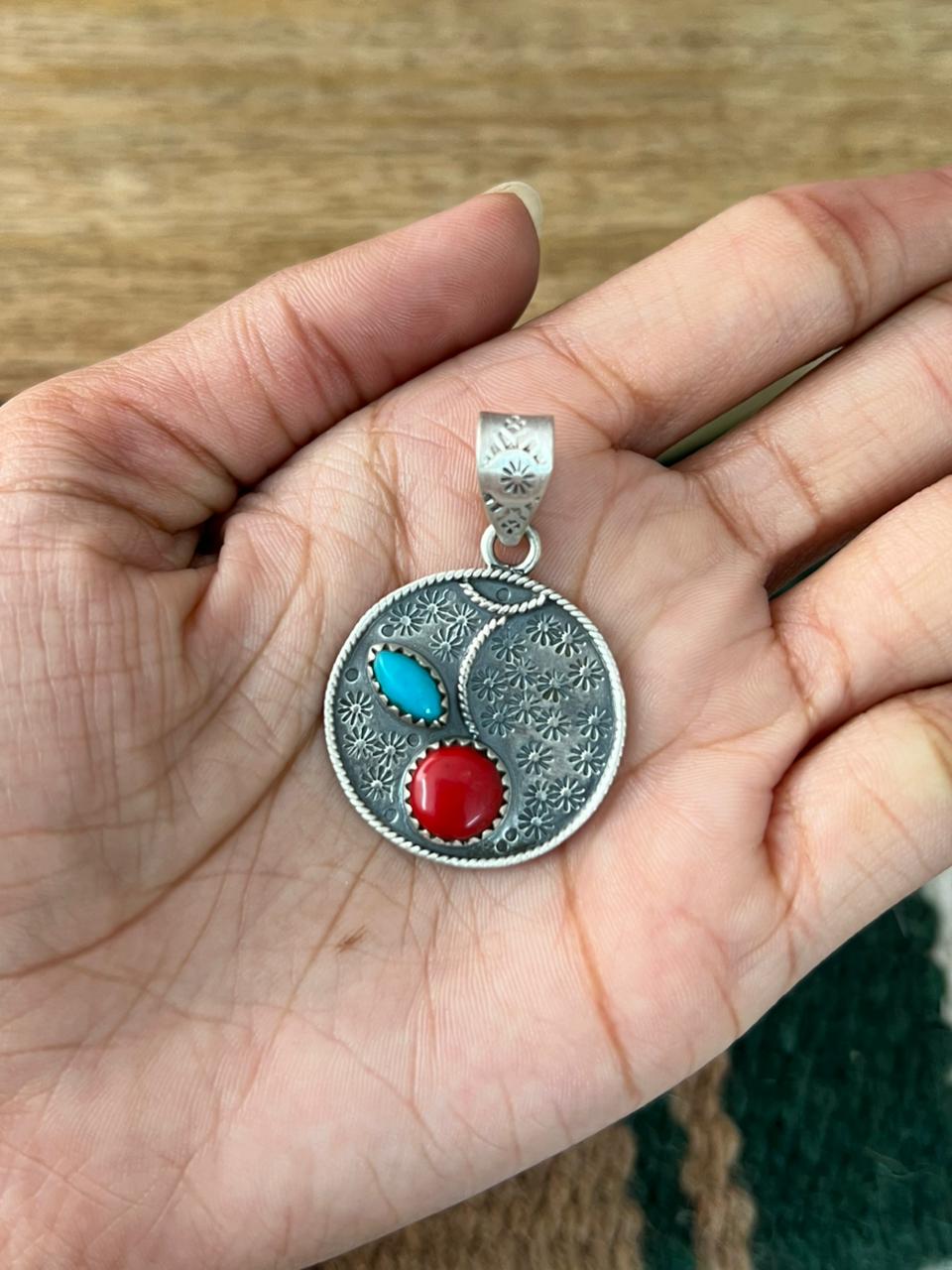 Handmade Sterling Silver Rosarita with Kingman Turquoise Cherry Pendant "Signed Nizhoni"