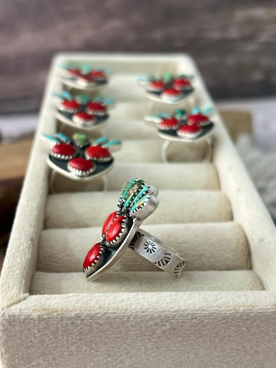 Handmade Sterling Silver Rosarita with Sonoran Mountain and Kingman Turquoise Cherry Adjustable Ring "Signed Nizhoni"