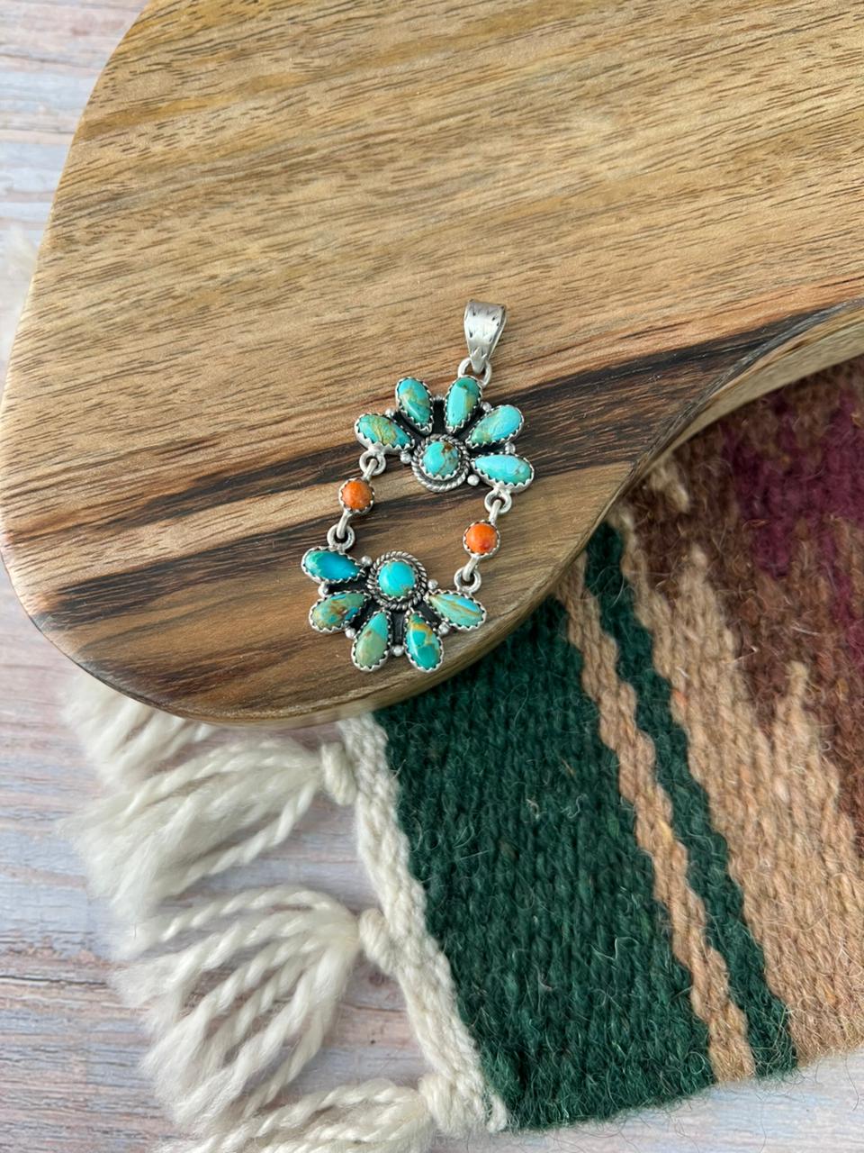 Handmade Sterling Silver Orange Mojave with Kingman Turquoise Pendant "Signed Nizhoni"