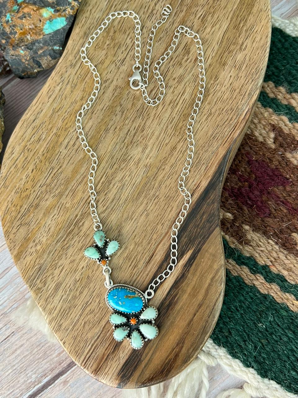 Handmade Sterling Silver Sierra Bella with Paloma Turquoise and Orange Mojave Necklace "Signed Nizhoni"