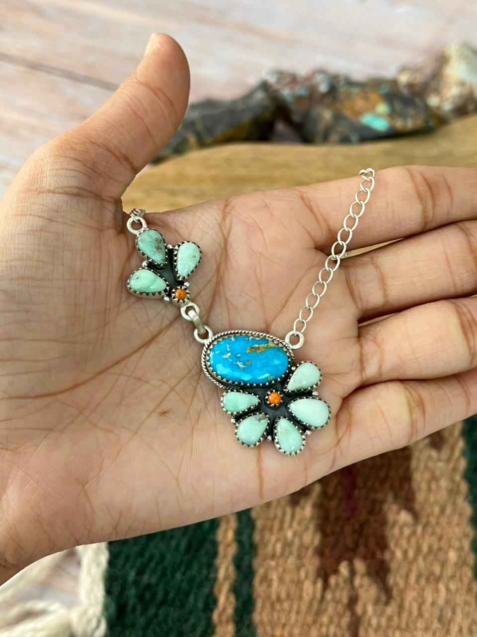 Handmade Sterling Silver Sierra Bella with Paloma Turquoise and Orange Mojave Necklace "Signed Nizhoni"