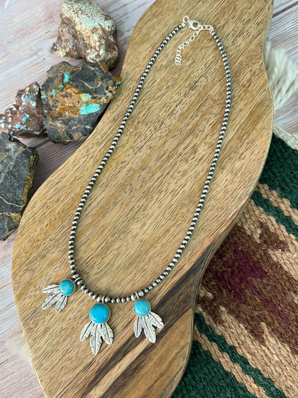 Handmade Sterling Silver Blue Kingman Turquoise Beaded Necklace "Signed Nizhoni"