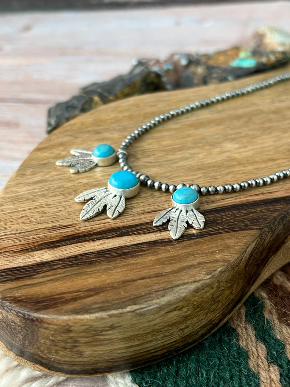 Handmade Sterling Silver Blue Kingman Turquoise Beaded Necklace "Signed Nizhoni"