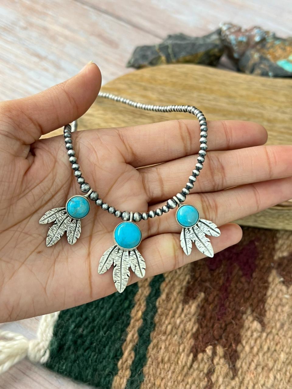 Handmade Sterling Silver Blue Kingman Turquoise Beaded Necklace "Signed Nizhoni"