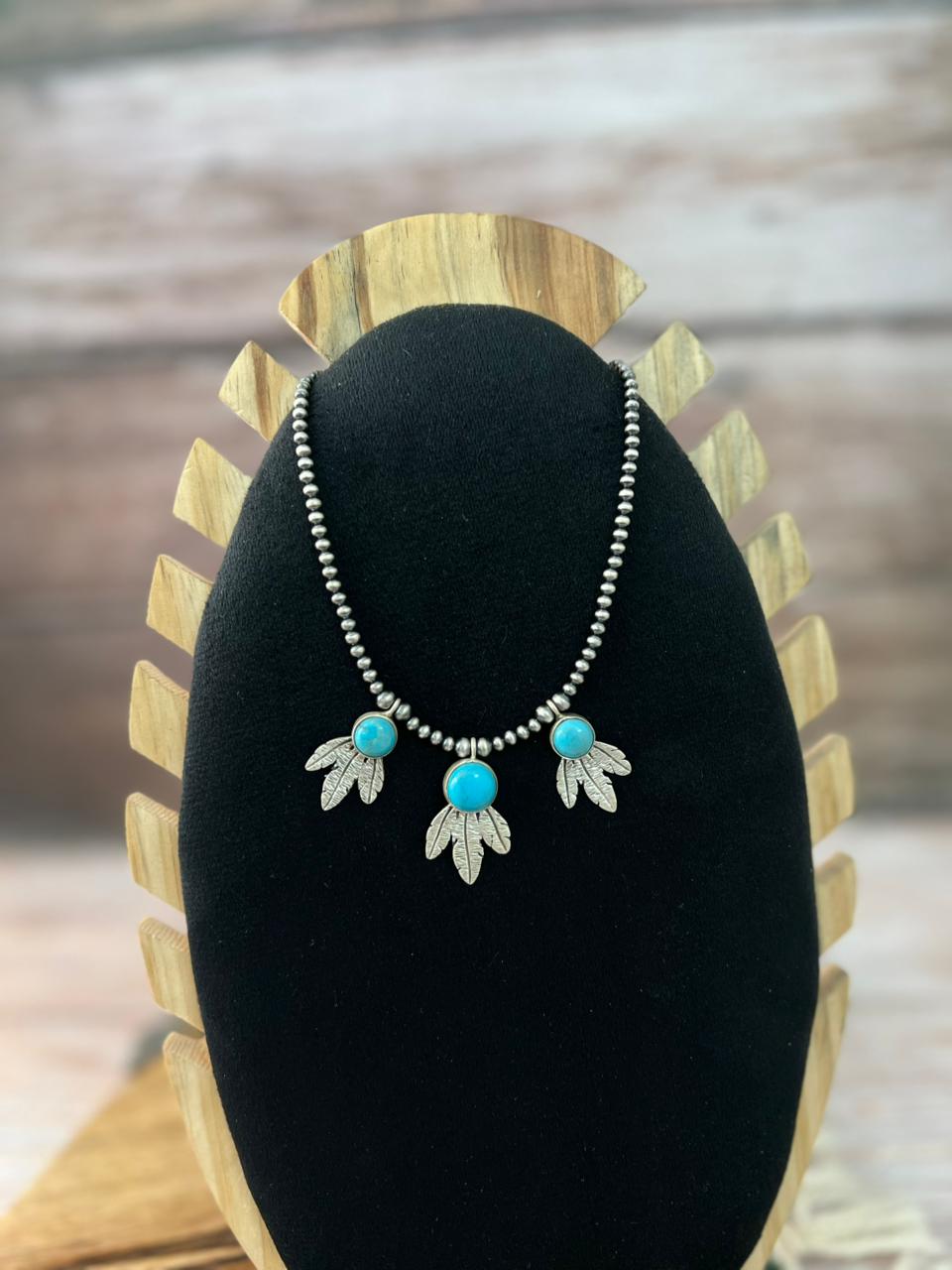 Handmade Sterling Silver Blue Kingman Turquoise Beaded Necklace "Signed Nizhoni"