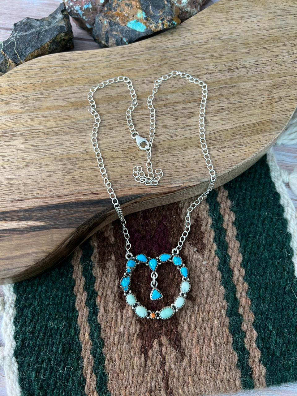 Handmade Sterling Silver Sierra Bella with Paloma Turquoise and Orange Mojave Heart Necklace "Signed Nizhoni"