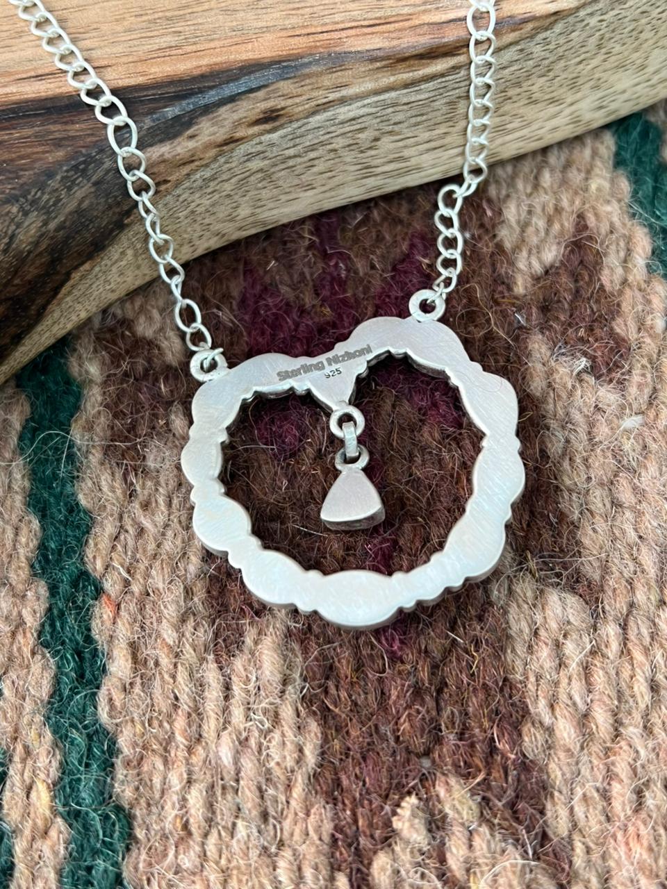 Handmade Sterling Silver Sierra Bella with Paloma Turquoise and Orange Mojave Heart Necklace "Signed Nizhoni"