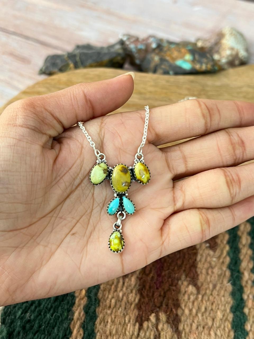 Handmade Sterling Silver Kingman with Palomino Turquoise Necklace "Signed Nizhoni"