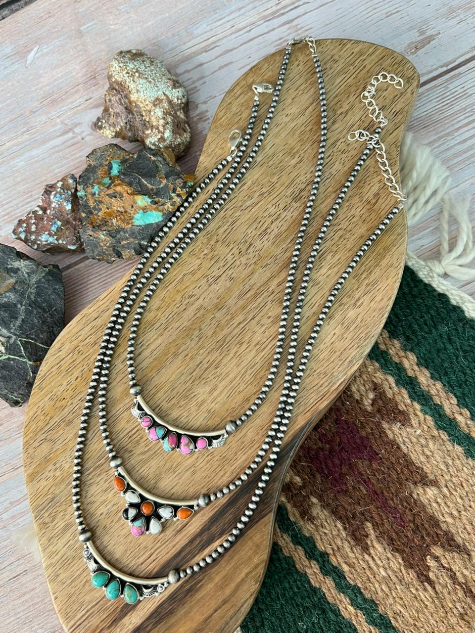 Handmade Sterling Silver Kingman Turquoise, Orange Mojave, White Buffalo, Cotton Candy Beaded Necklace "Signed Nizhoni"
