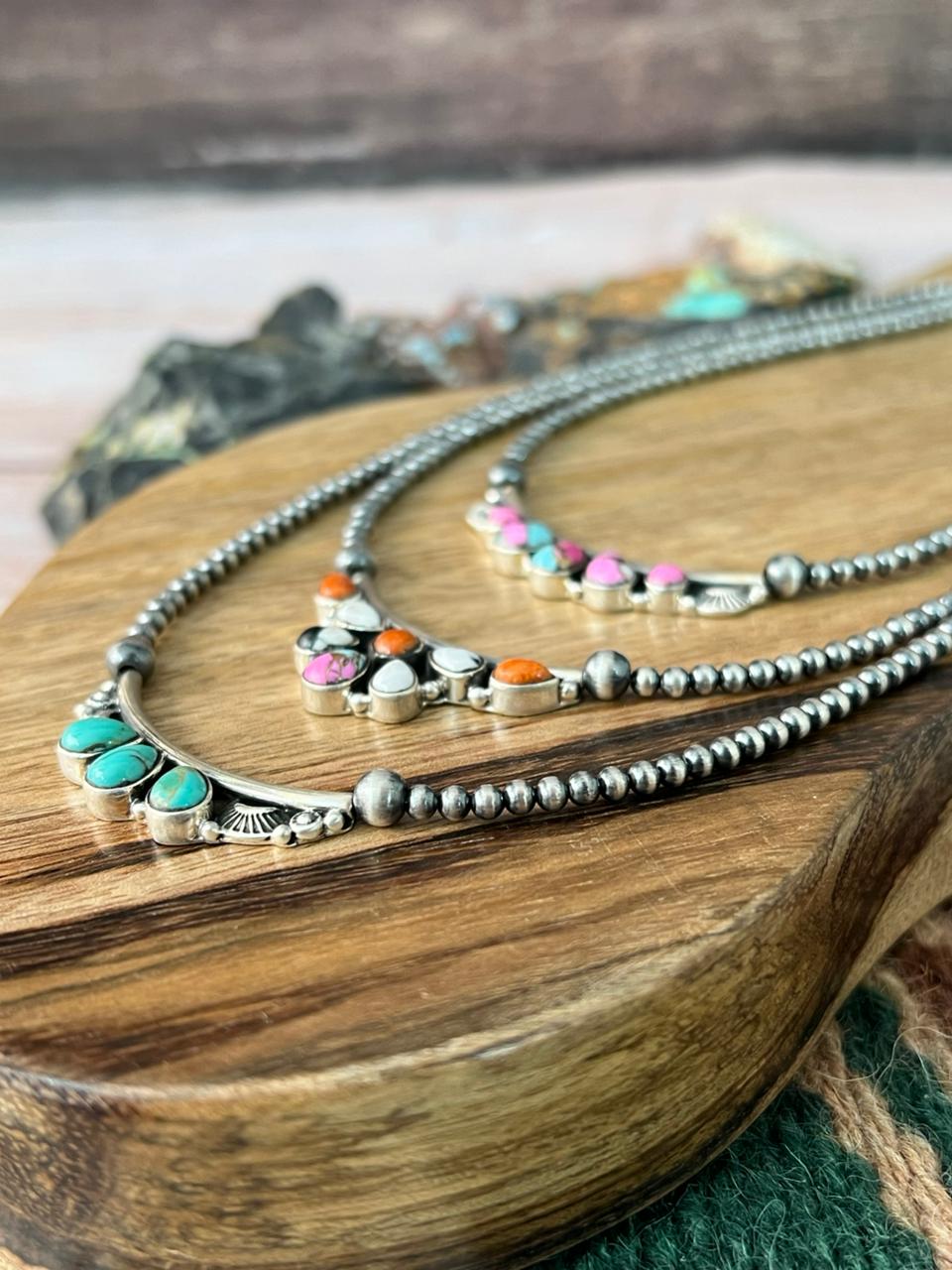 Handmade Sterling Silver Kingman Turquoise, Orange Mojave, White Buffalo, Cotton Candy Beaded Necklace "Signed Nizhoni"