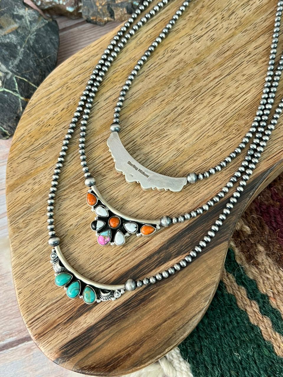 Handmade Sterling Silver Kingman Turquoise, Orange Mojave, White Buffalo, Cotton Candy Beaded Necklace "Signed Nizhoni"
