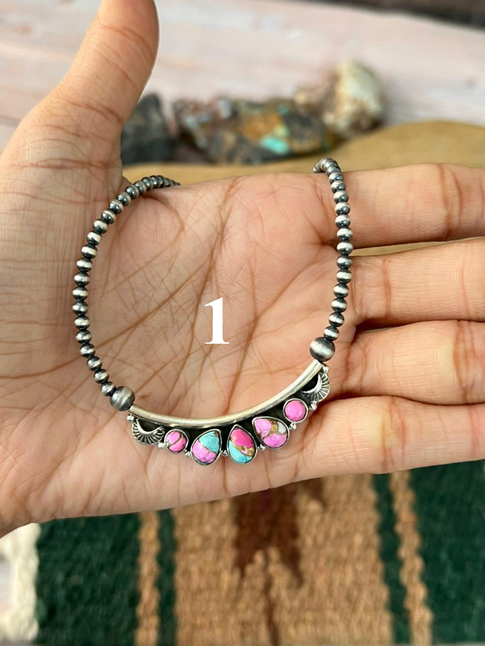 Handmade Sterling Silver Kingman Turquoise, Orange Mojave, White Buffalo, Cotton Candy Beaded Necklace "Signed Nizhoni"