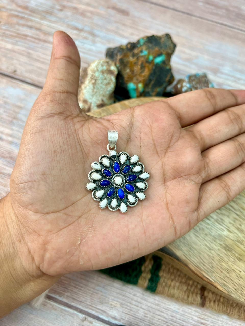 Handmade Sterling Silver White Buffalo with Lapis Pendant "Signed Nizhoni"