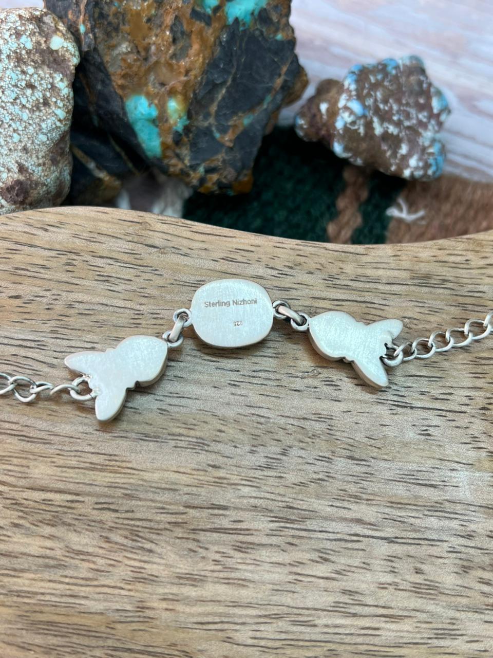 Handmade Sterling Silver Rosarita with Sonoran Mountain and Kingman Turquoise Chain Bracelet "Signed Nizhoni"