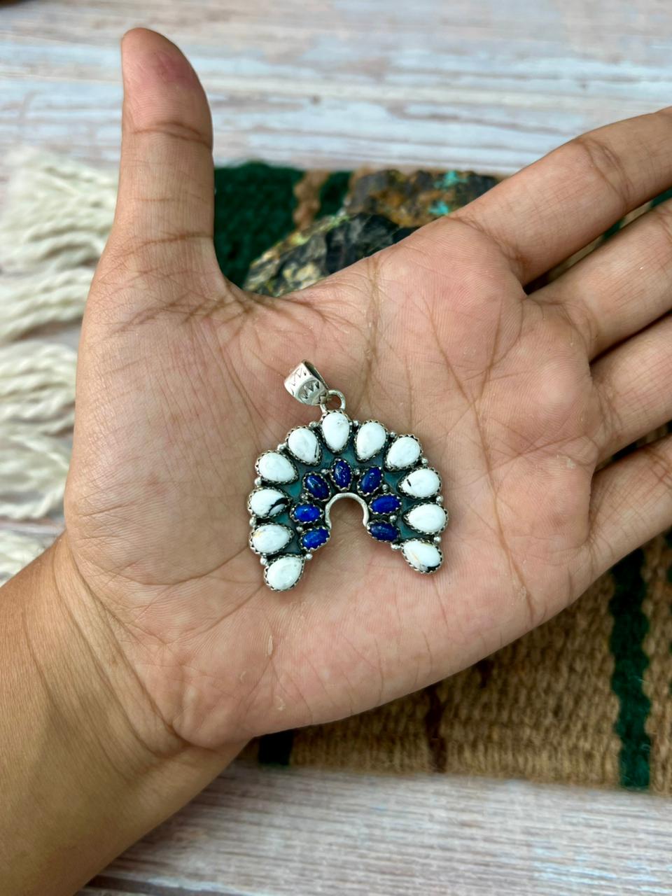 Handmade Sterling Silver White Buffalo with Lapis Naja Pendant "Signed Nizhoni"