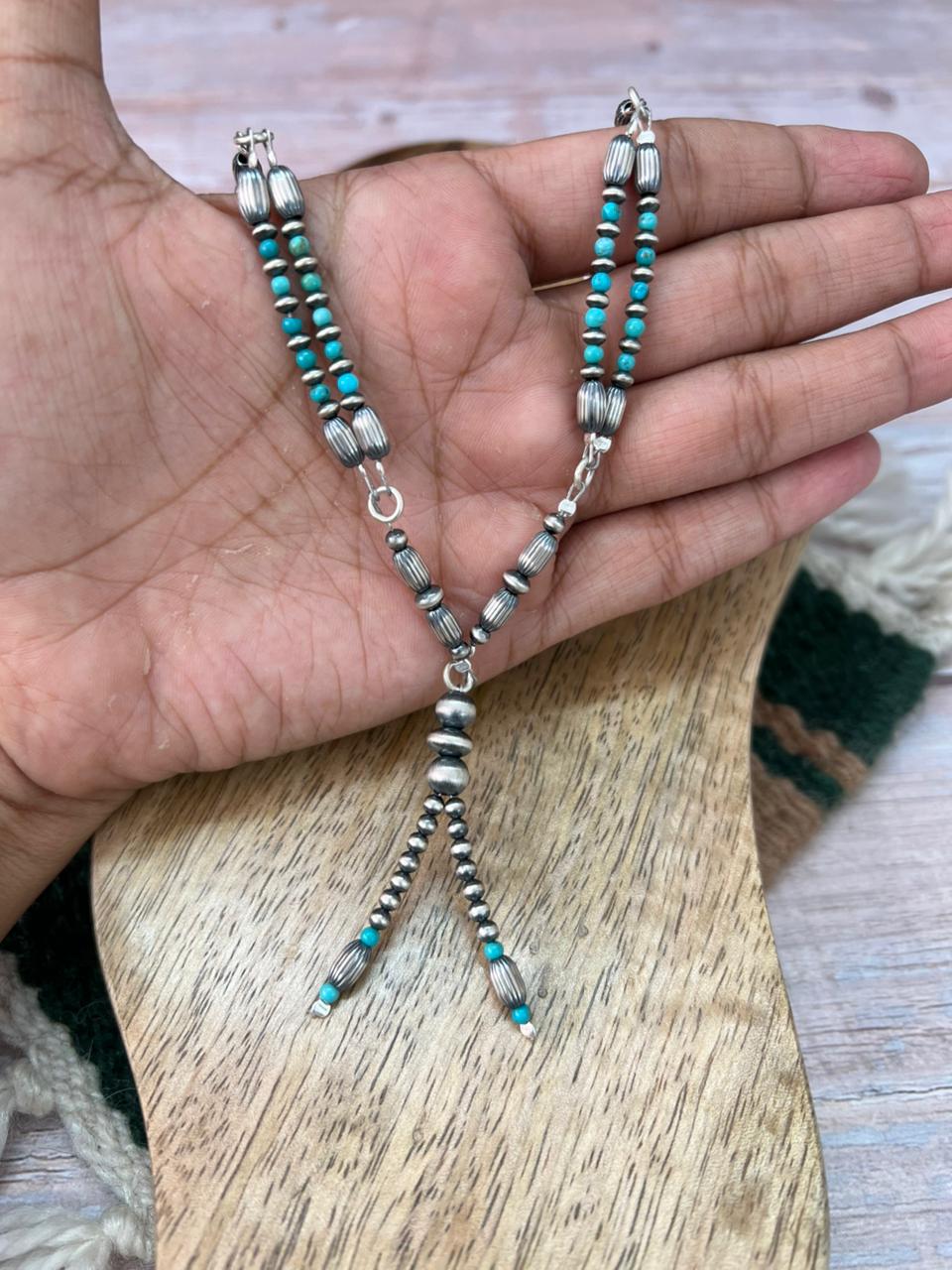 Handmade Sterling Silver Kingman Turquoise Beaded Necklace "Signed Nizhoni"