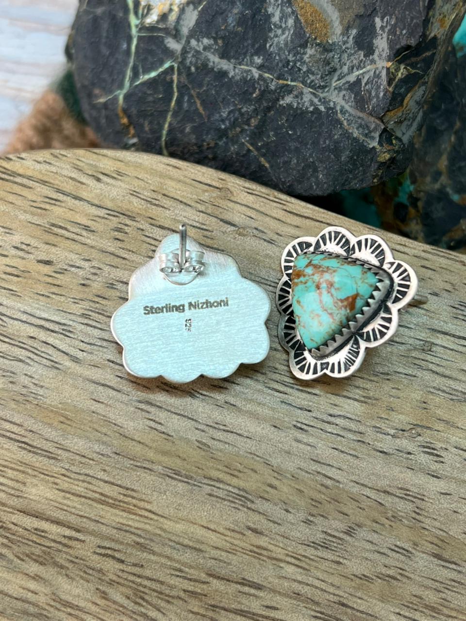 Handmade Sterling Silver Baja Turquoise Collection: Post Studs Earrings "Signed Nizhoni"