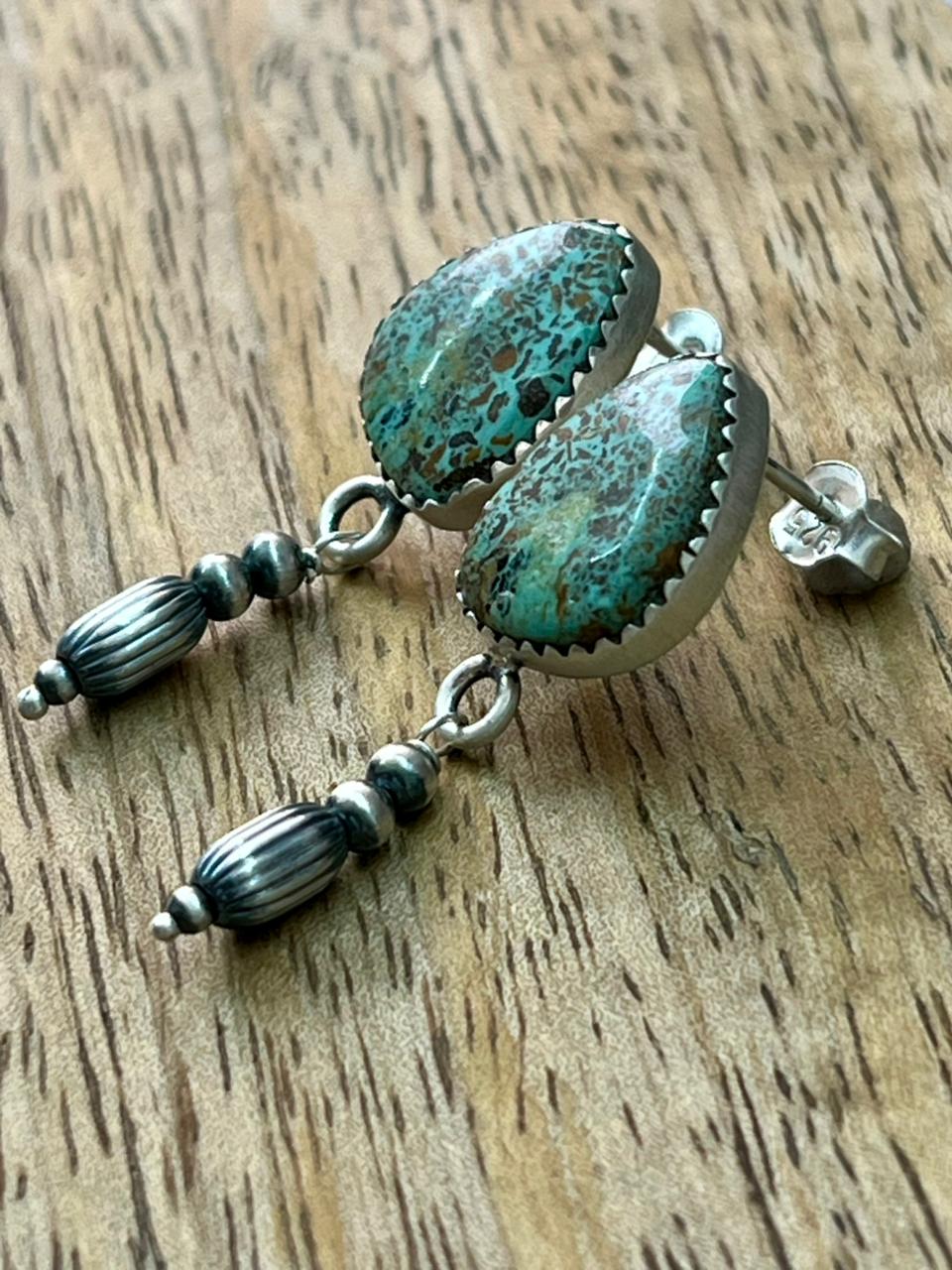 Handmade Sterling Silver Baja Turquoise Collection: Beaded Post Dangle Earrings "Signed Nizhoni"