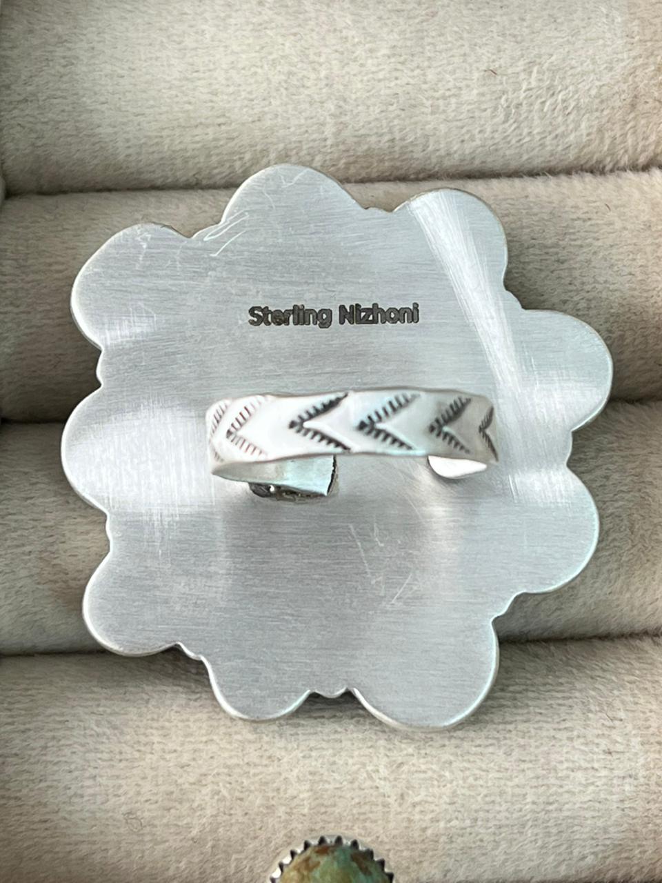 Handmade Sterling Silver Baja Turquoise Collection: Adjustable Ring "Signed Nizhoni" (5)