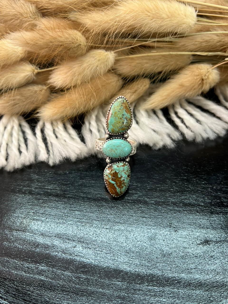 Handmade Sterling Silver Baja Turquoise Collection: Adjustable Ring "Signed Nizhoni" (9)