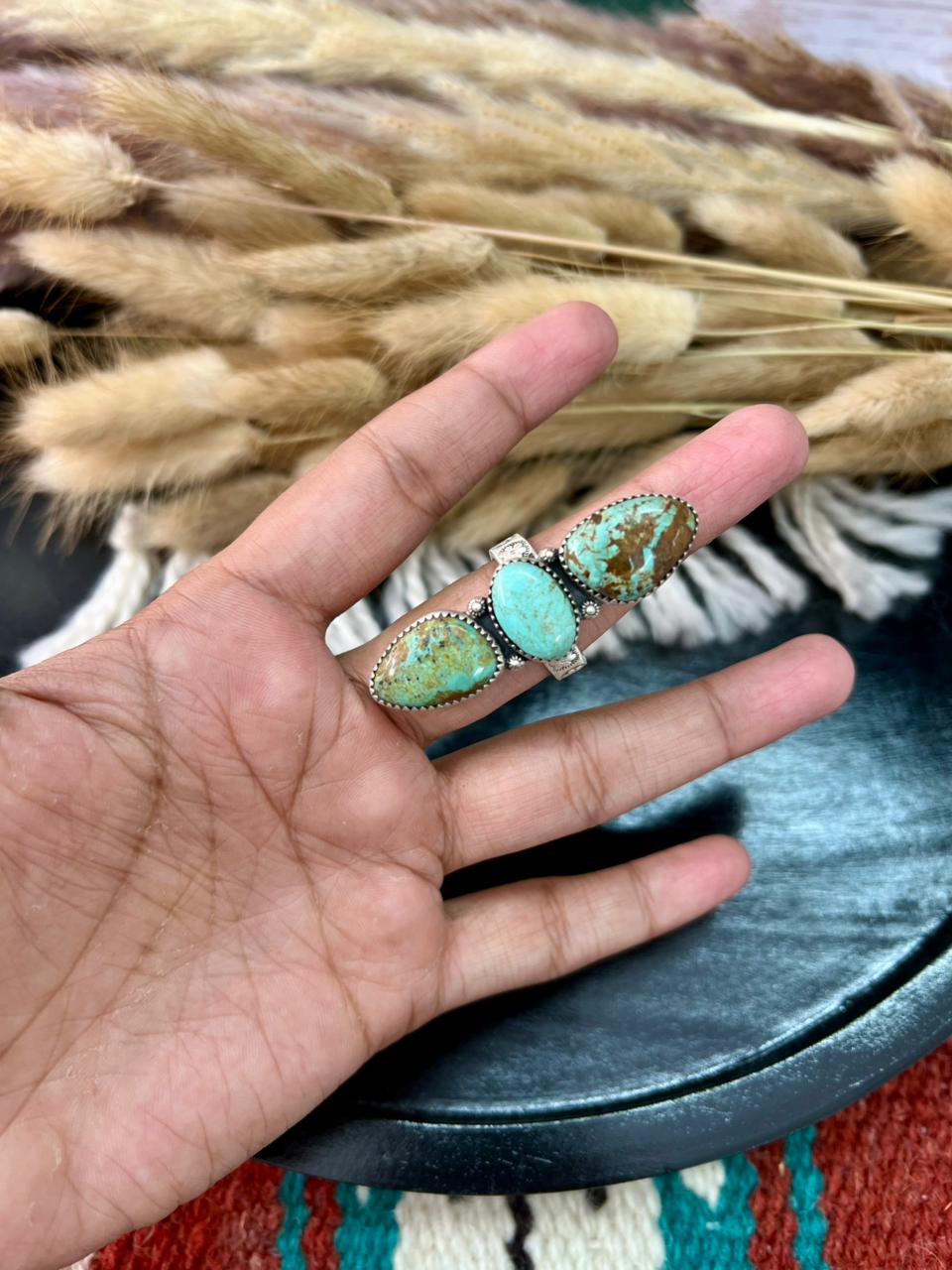 Handmade Sterling Silver Baja Turquoise Collection: Adjustable Ring "Signed Nizhoni" (9)
