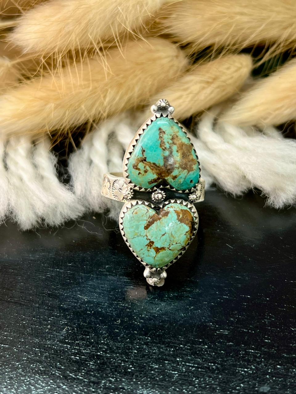 Handmade Sterling Silver Baja Turquoise Collection: Heart Adjustable Ring "Signed Nizhoni" (8)