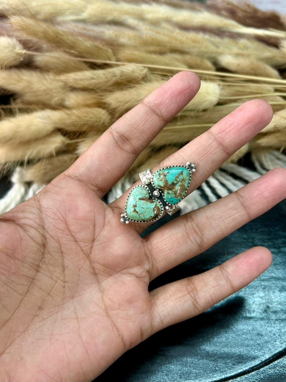 Handmade Sterling Silver Baja Turquoise Collection: Heart Adjustable Ring "Signed Nizhoni" (8)