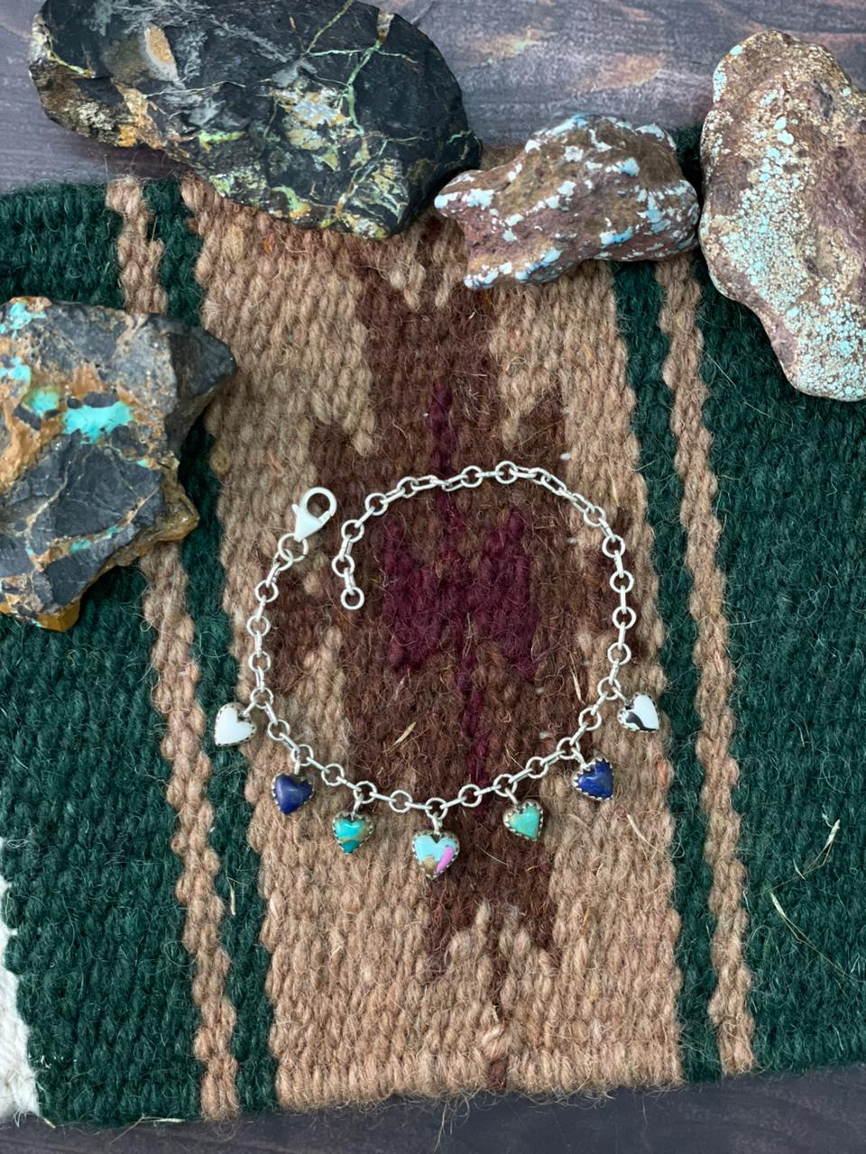 Handmade Sterling Silver White Buffalo with Cotton Candy, Lapis and Kingman Turquoise Chain Bracelet "Signed Nizhoni"