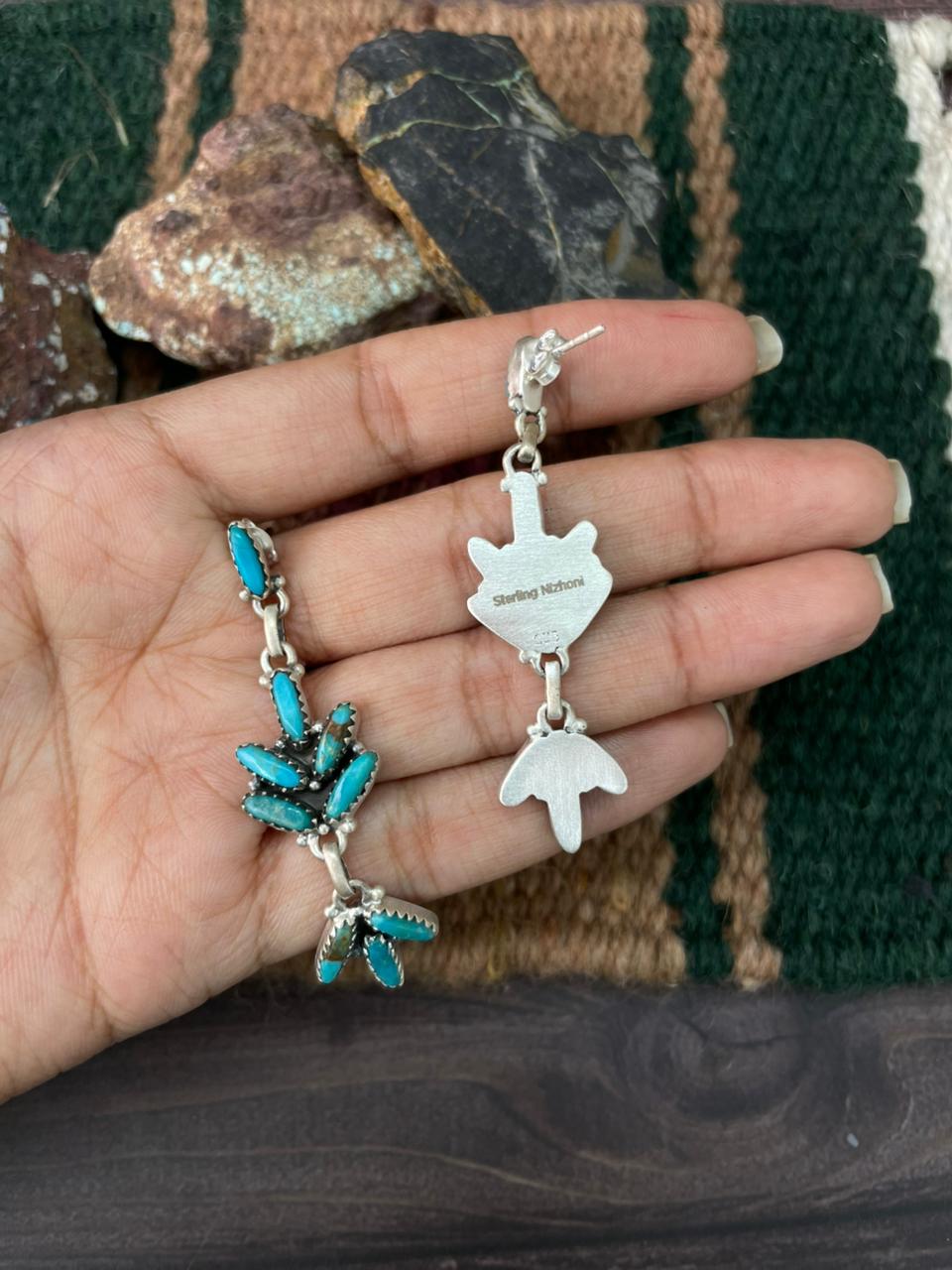Handmade Sterling Silver Kingman Turquoise Post Dangle Earrings "Signed Nizhoni"