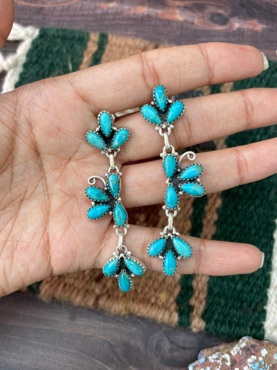 Handmade Sterling Silver Kingman Turquoise Post Dangle Earrings "Signed Nizhoni"