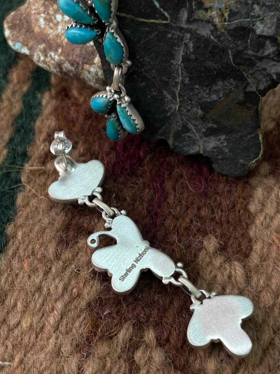 Handmade Sterling Silver Kingman Turquoise Post Dangle Earrings "Signed Nizhoni"
