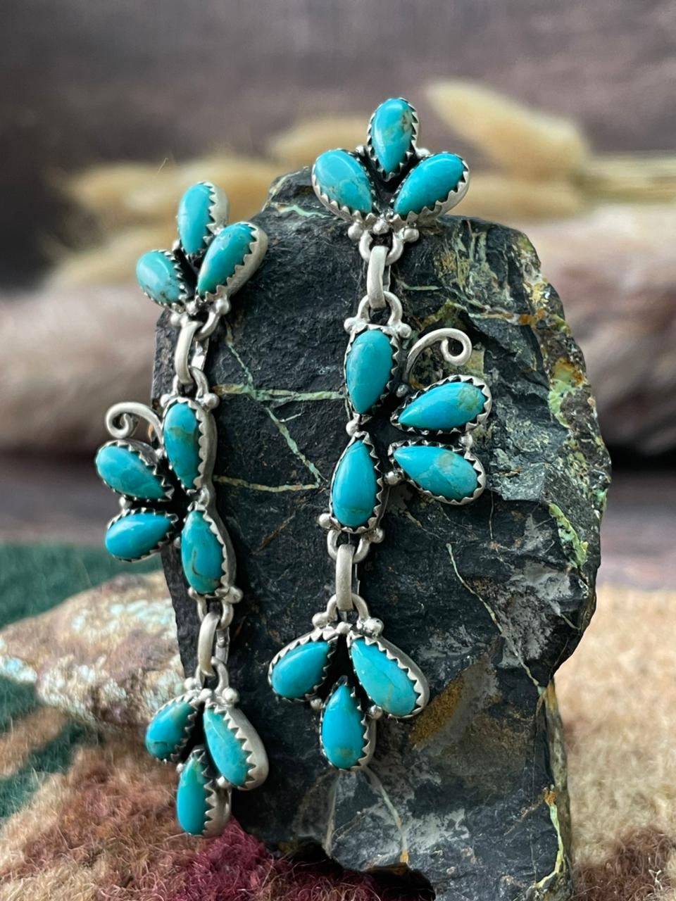Handmade Sterling Silver Kingman Turquoise Post Dangle Earrings "Signed Nizhoni"