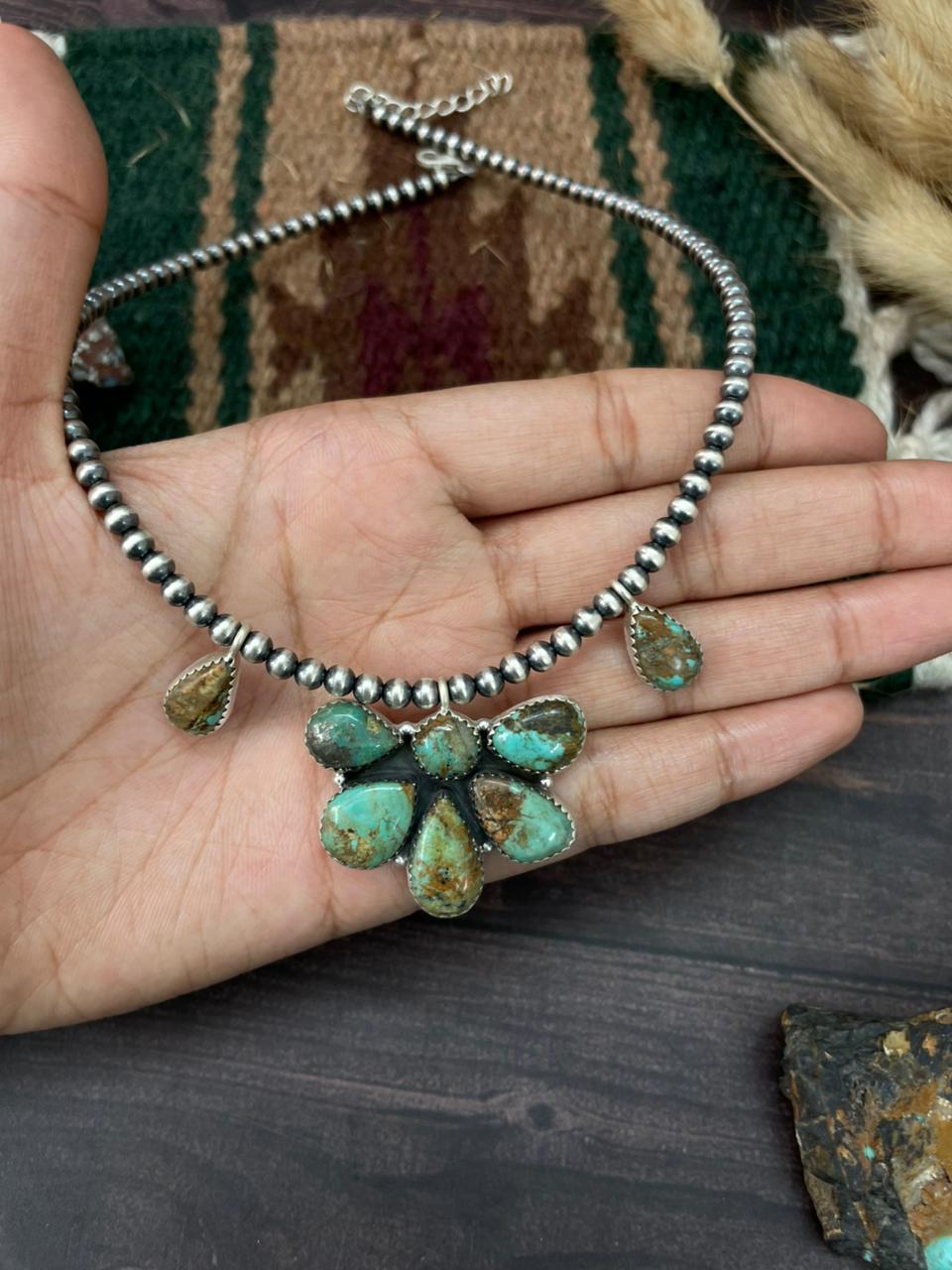 Handmade Sterling Silver Baja Turquoise Collection: Beaded Necklace "Signed Nizhoni"