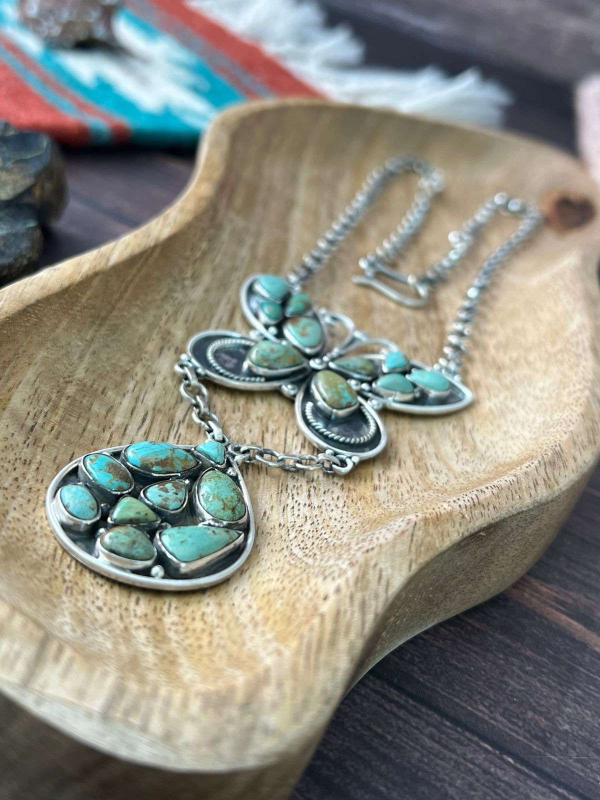 Handmade Sterling Silver Baja Turquoise Collection: Butterfly Drop Necklace "Signed Nizhoni"
