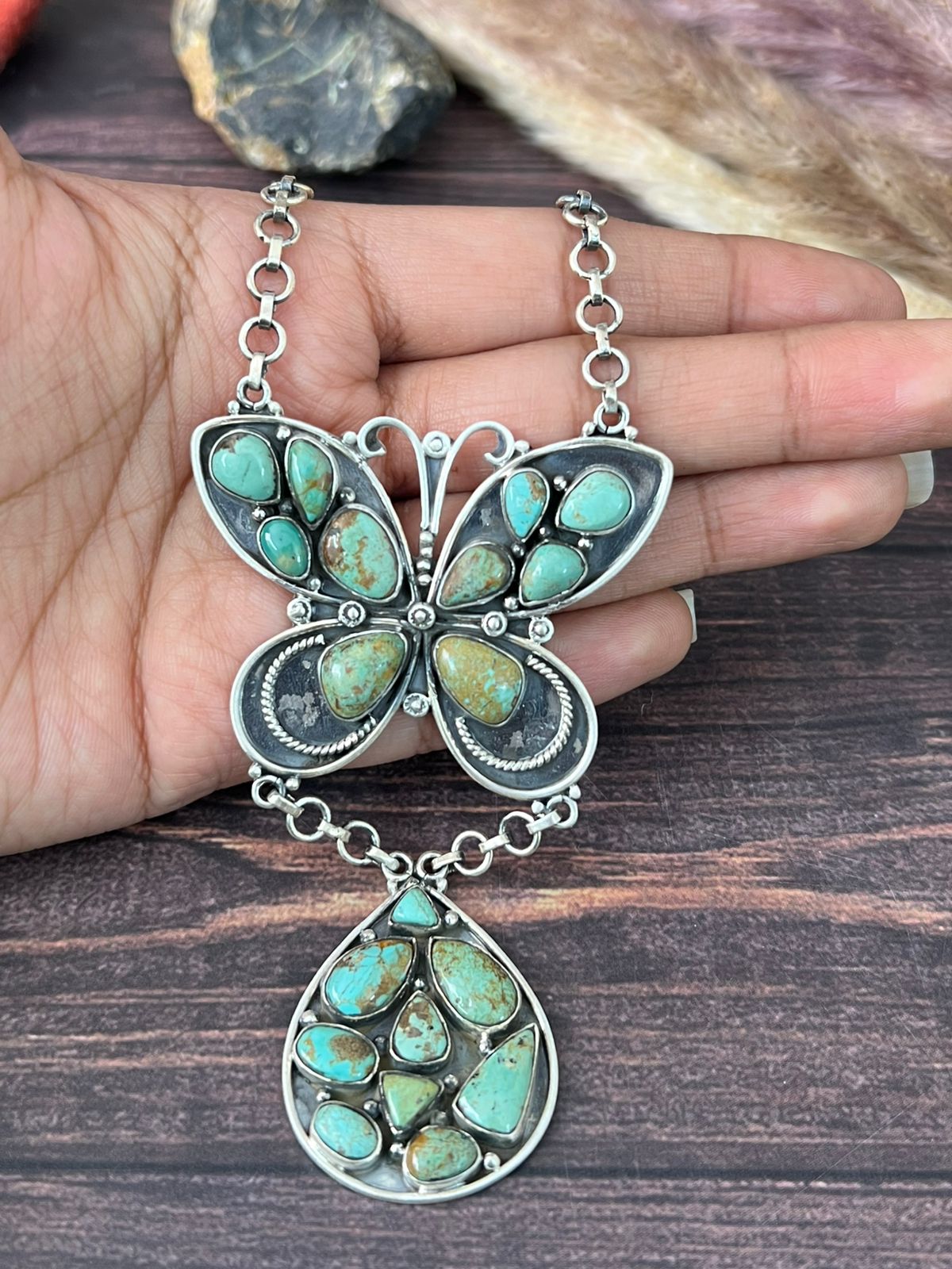 Handmade Sterling Silver Baja Turquoise Collection: Butterfly Drop Necklace "Signed Nizhoni"