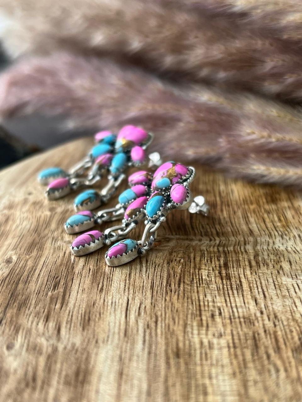 Handmade Sterling Silver Cotton Candy Post Dangle Heart Earrings "Signed Nizhoni"