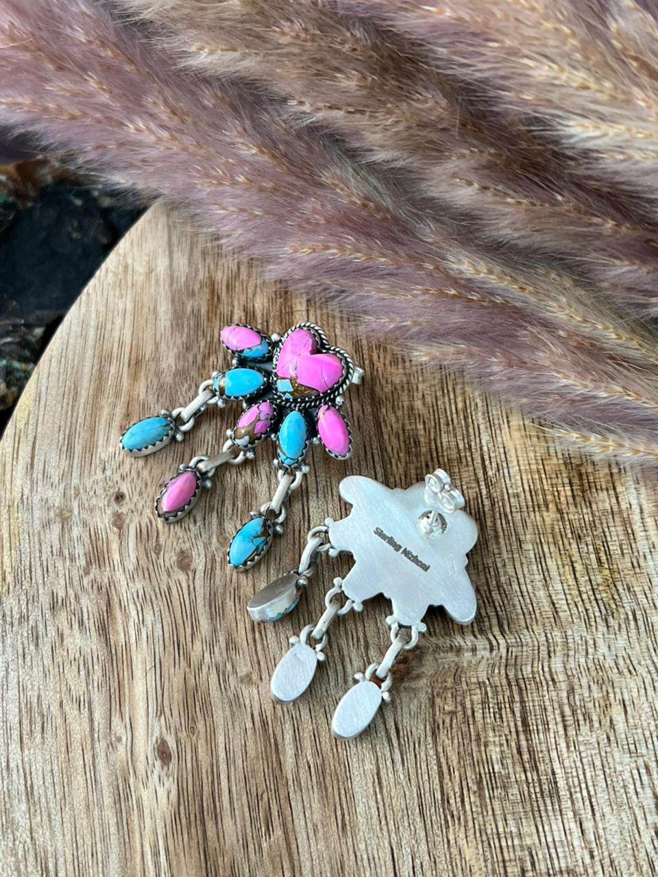 Handmade Sterling Silver Cotton Candy Post Dangle Heart Earrings "Signed Nizhoni"