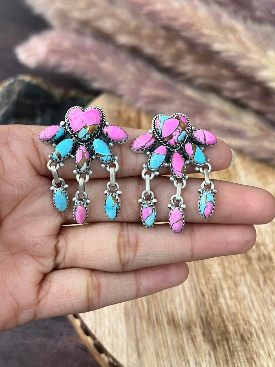 Handmade Sterling Silver Cotton Candy Post Dangle Heart Earrings "Signed Nizhoni"