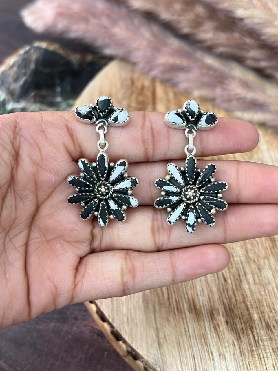 Handmade Sterling Silver White Buffalo Post Dangle Earrings "Signed Nizhoni"