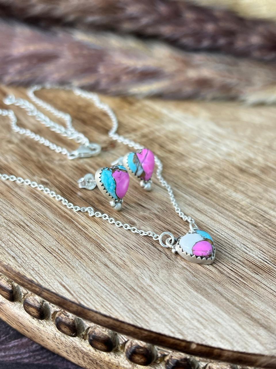 Handmade Sterling Silver Cotton Candy Heart Necklace Earrings Set "Signed Nizhoni"