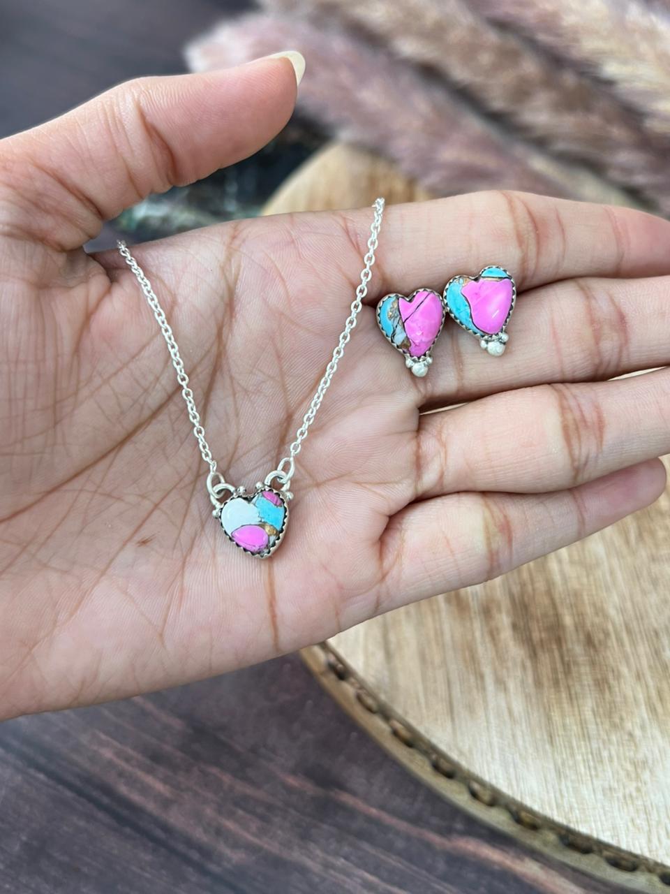 Handmade Sterling Silver Cotton Candy Heart Necklace Earrings Set "Signed Nizhoni"