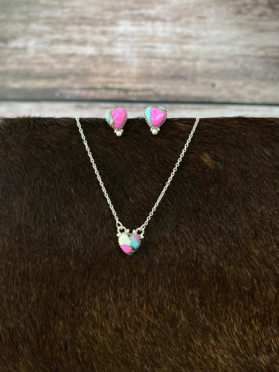 Handmade Sterling Silver Cotton Candy Heart Necklace Earrings Set "Signed Nizhoni"
