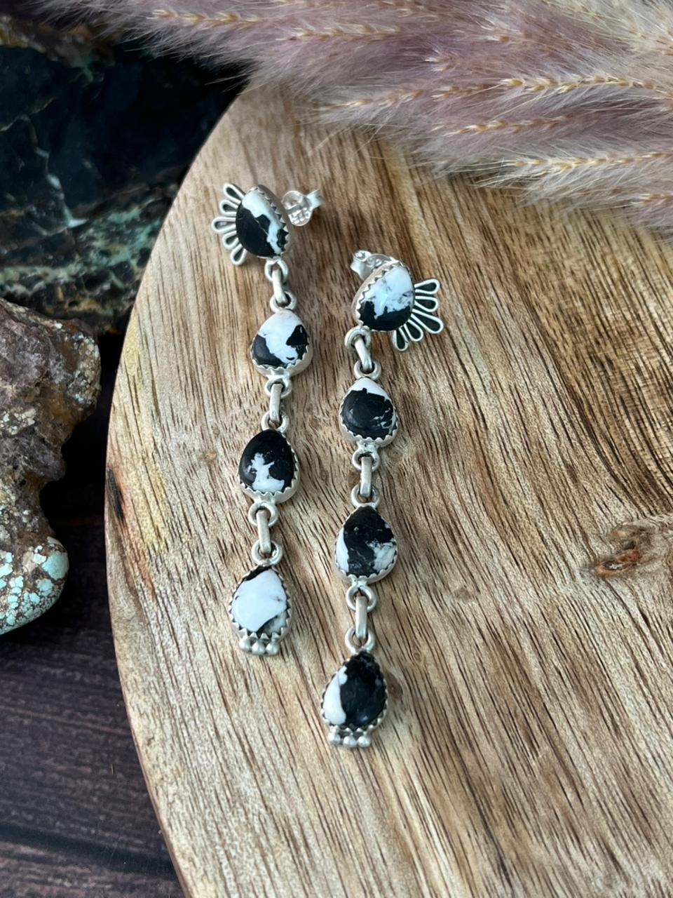 Handmade Sterling Silver White Buffalo Post Dangle Earrings "Signed Nizhoni"