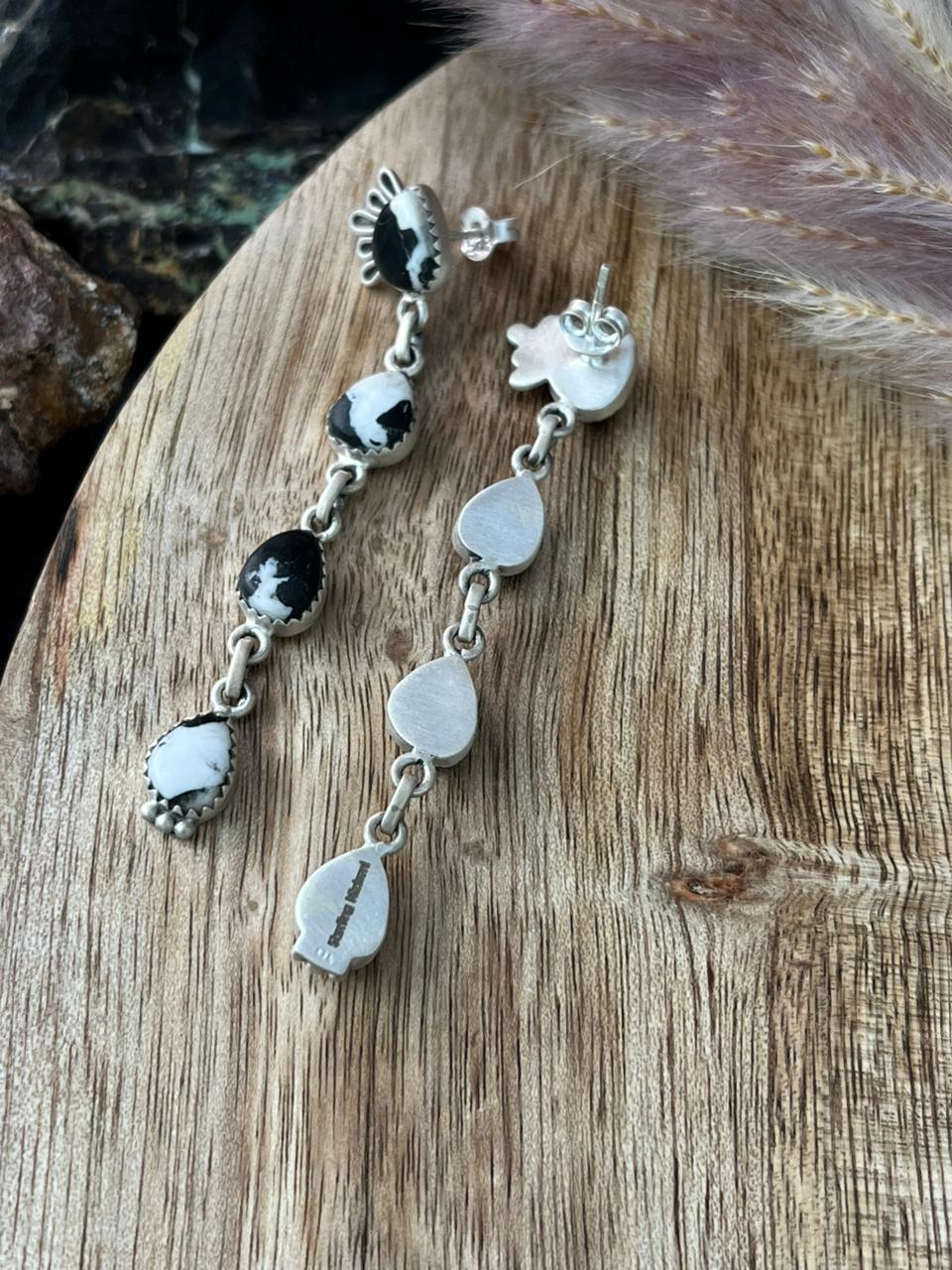 Handmade Sterling Silver White Buffalo Post Dangle Earrings "Signed Nizhoni"