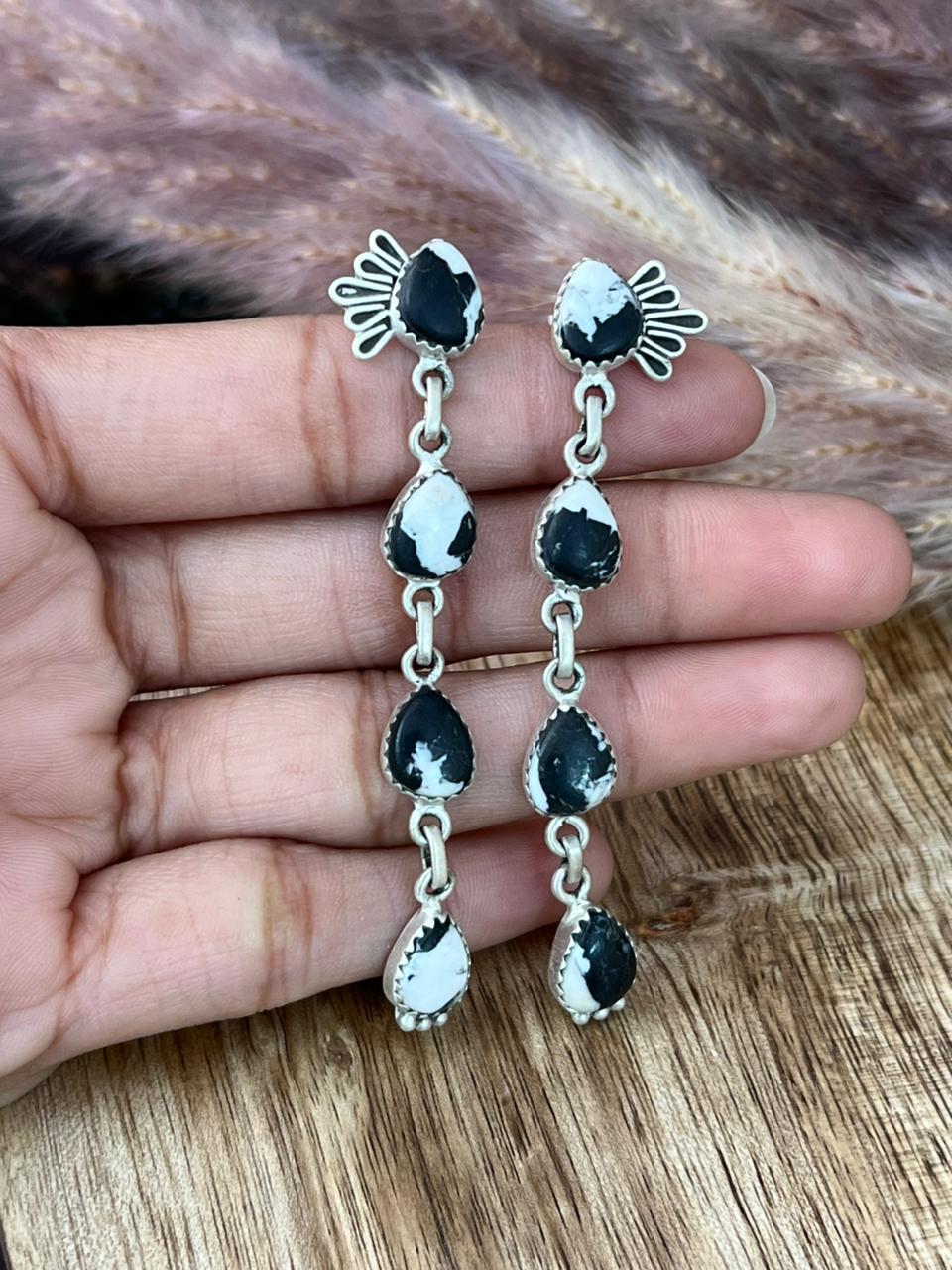 Handmade Sterling Silver White Buffalo Post Dangle Earrings "Signed Nizhoni"