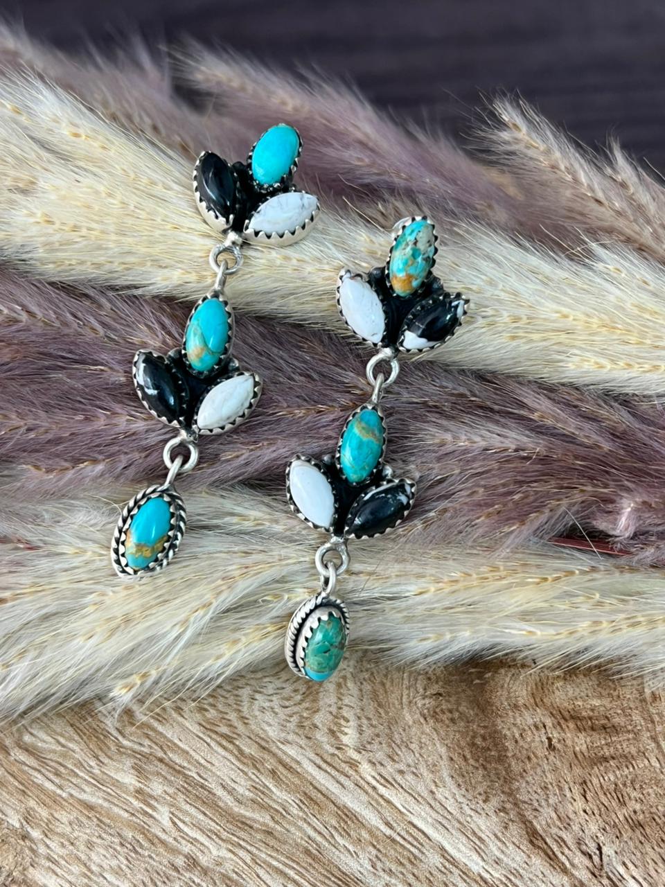 Handmade Sterling Silver Kingman Turquoise with White Buffalo Post Dangle Earrings "Signed Nizhoni"