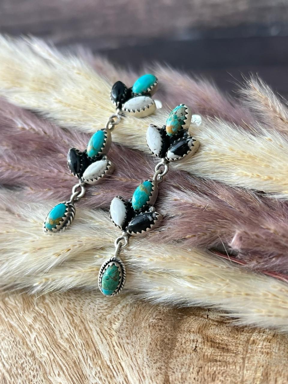 Handmade Sterling Silver Kingman Turquoise with White Buffalo Post Dangle Earrings "Signed Nizhoni"