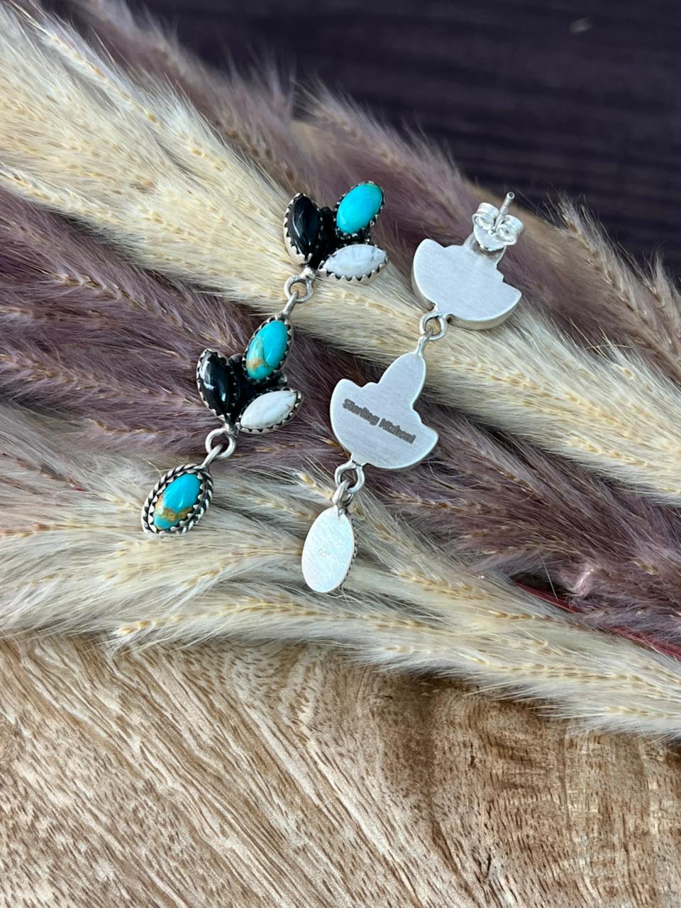 Handmade Sterling Silver Kingman Turquoise with White Buffalo Post Dangle Earrings "Signed Nizhoni"